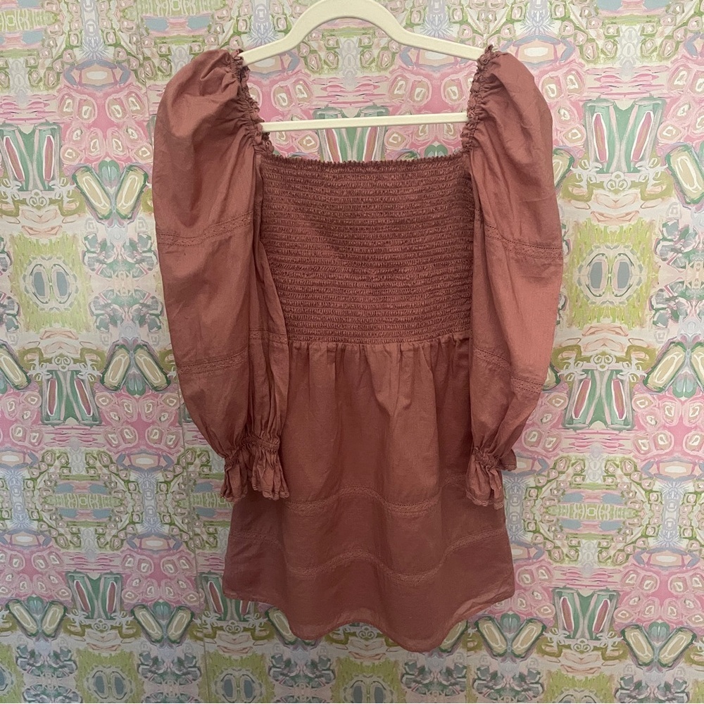 Reformation Dunes Smocked Long Sleeve Mini Dress Praline Pink Rose - Picture 4 of 6